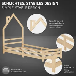 Enfant Ml-Design Lit d'enfant 90x200 cm naturel forme maison bois de pin avec sommier à lattes sans matelas