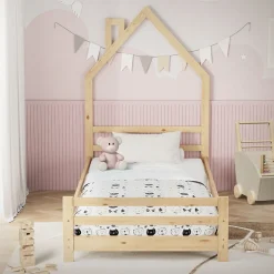 Enfant Ml-Design Lit d'enfant 90x200 cm naturel forme maison bois de pin avec sommier à lattes sans matelas