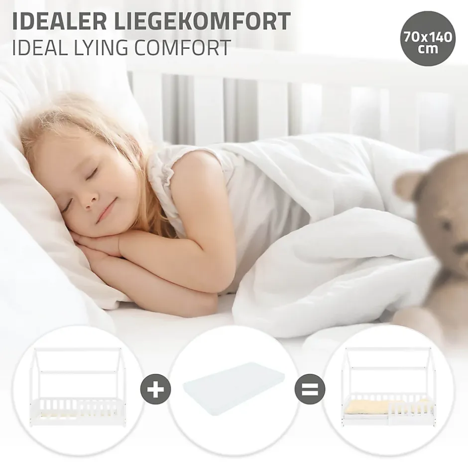 Ml-Design Lit d'enfant 140x70cm blanc en bois de pin avec toit et sommier protection contre chutes Clearance