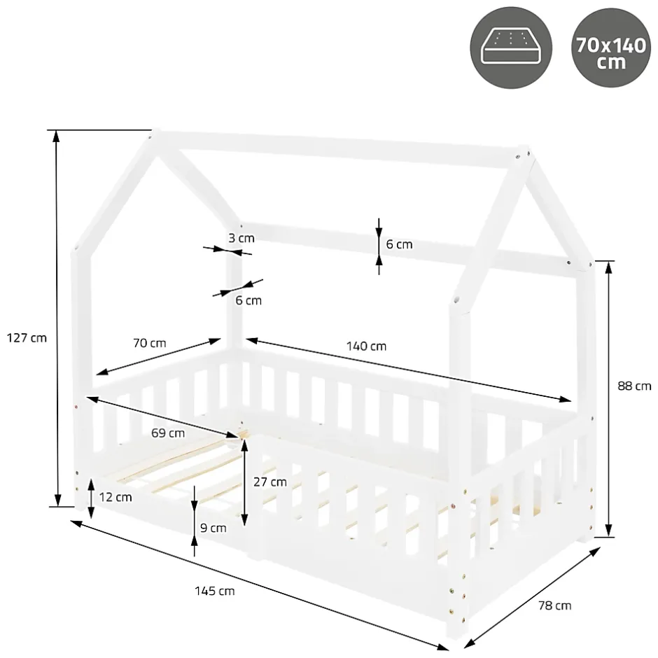 Ml-Design Lit d'enfant 140x70cm blanc en bois de pin avec toit et sommier protection contre chutes Clearance