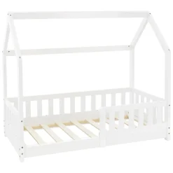 Ml-Design Lit d'enfant 140x70cm blanc en bois de pin avec toit et sommier protection contre chutes Clearance