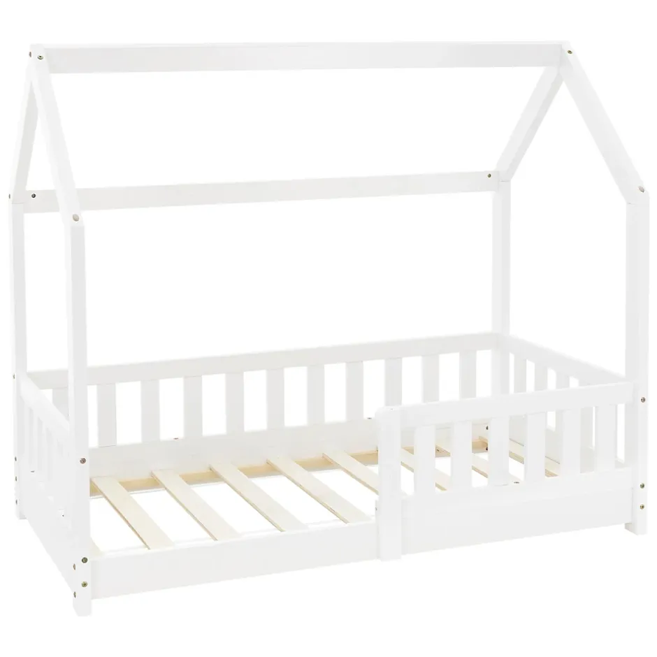 Ml-Design Lit d'enfant 140x70cm blanc en bois de pin avec toit et sommier protection contre chutes Clearance