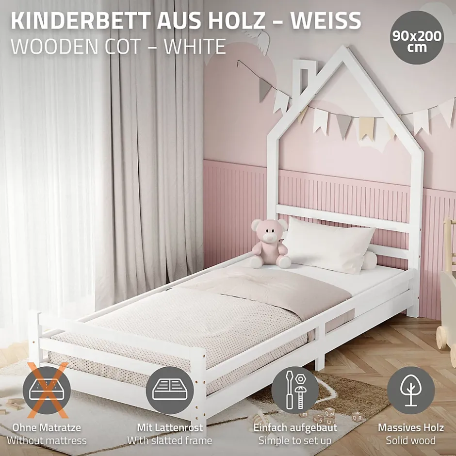 Ml-Design Lit d'enfant 90x200cm blanc forme maison en bois de pin avec sommier à lattes sans matelas Hot