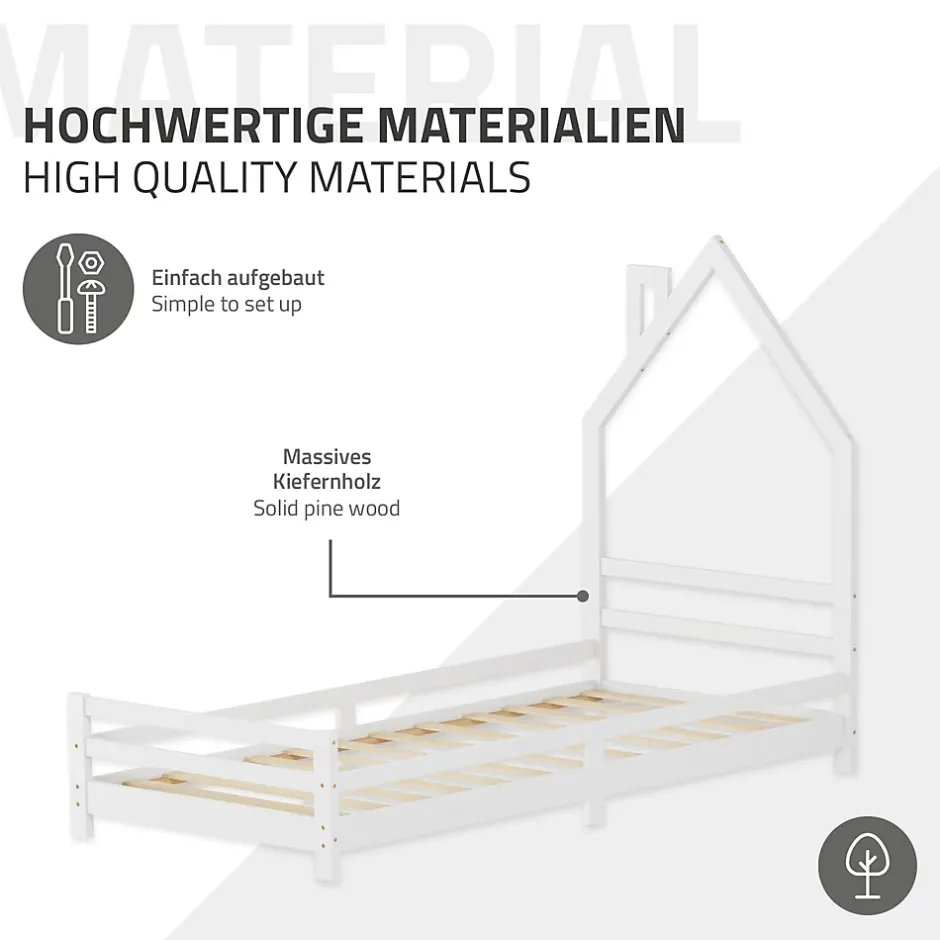 Ml-Design Lit d'enfant 90x200cm blanc forme maison en bois de pin avec sommier à lattes sans matelas Hot