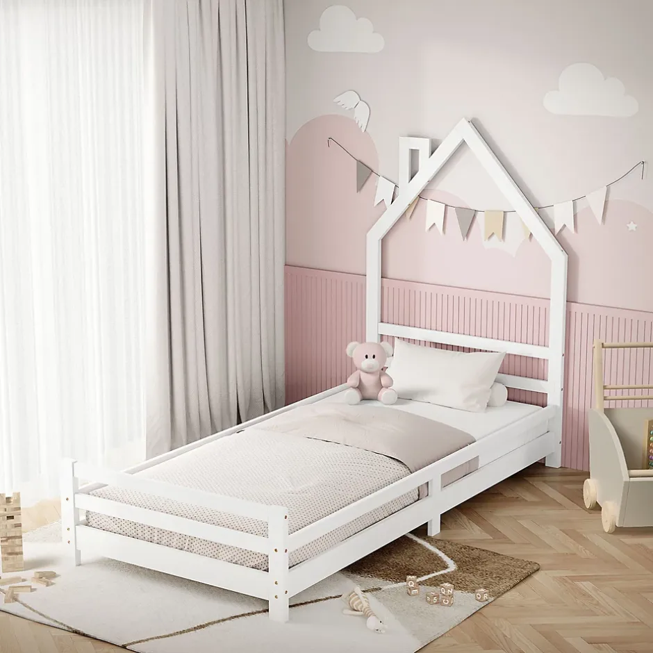 Ml-Design Lit d'enfant 90x200cm blanc forme maison en bois de pin avec sommier à lattes sans matelas Hot