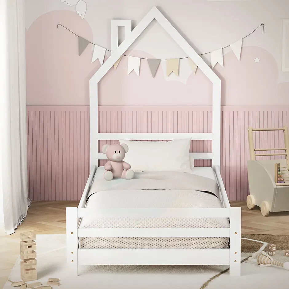Ml-Design Lit d'enfant 90x200cm blanc forme maison en bois de pin avec sommier à lattes sans matelas Hot