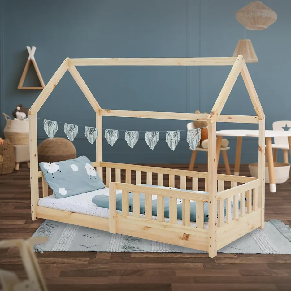 Ml-Design Lit d'enfant 160x80cm naturel en bois de pin avec toit et sommier protection contre chutes Discount