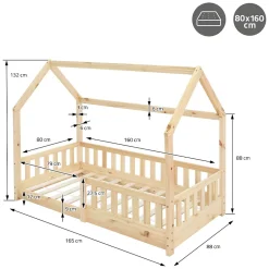 Ml-Design Lit d'enfant 160x80cm naturel en bois de pin avec toit et sommier protection contre chutes Discount