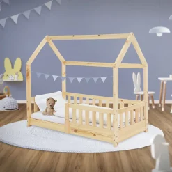 Ml-Design Lit d'enfant 140x70cm naturel en bois de pin avec toit et sommier protection contre chutes Clearance
