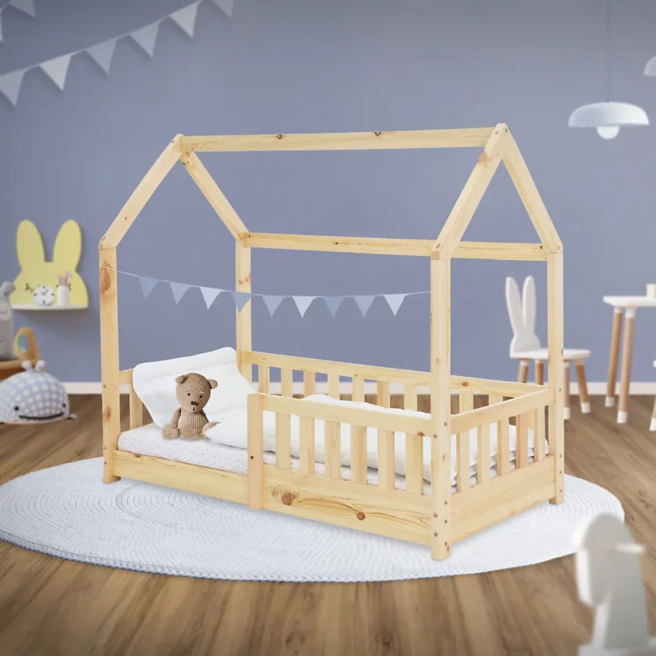 Ml-Design Lit d'enfant 140x70cm naturel en bois de pin avec toit et sommier protection contre chutes Clearance
