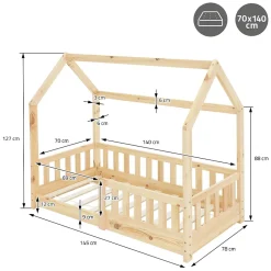 Ml-Design Lit d'enfant 140x70cm naturel en bois de pin avec toit et sommier protection contre chutes Clearance