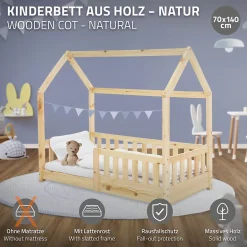 Ml-Design Lit d'enfant 140x70cm naturel en bois de pin avec toit et sommier protection contre chutes Clearance