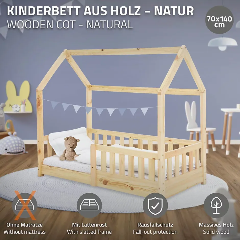 Ml-Design Lit d'enfant 140x70cm naturel en bois de pin avec toit et sommier protection contre chutes Clearance