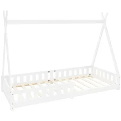 Enfant Ml-Design Lit d'enfants Tipi 90x200 cm blanc indien en bois de pin avec sommier et clôture de jeu