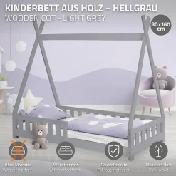 Enfant Ml-Design Lit d'enfants Tipi 80x160 cm gris clair maison en bois de pin avec sommier clôture de jeu