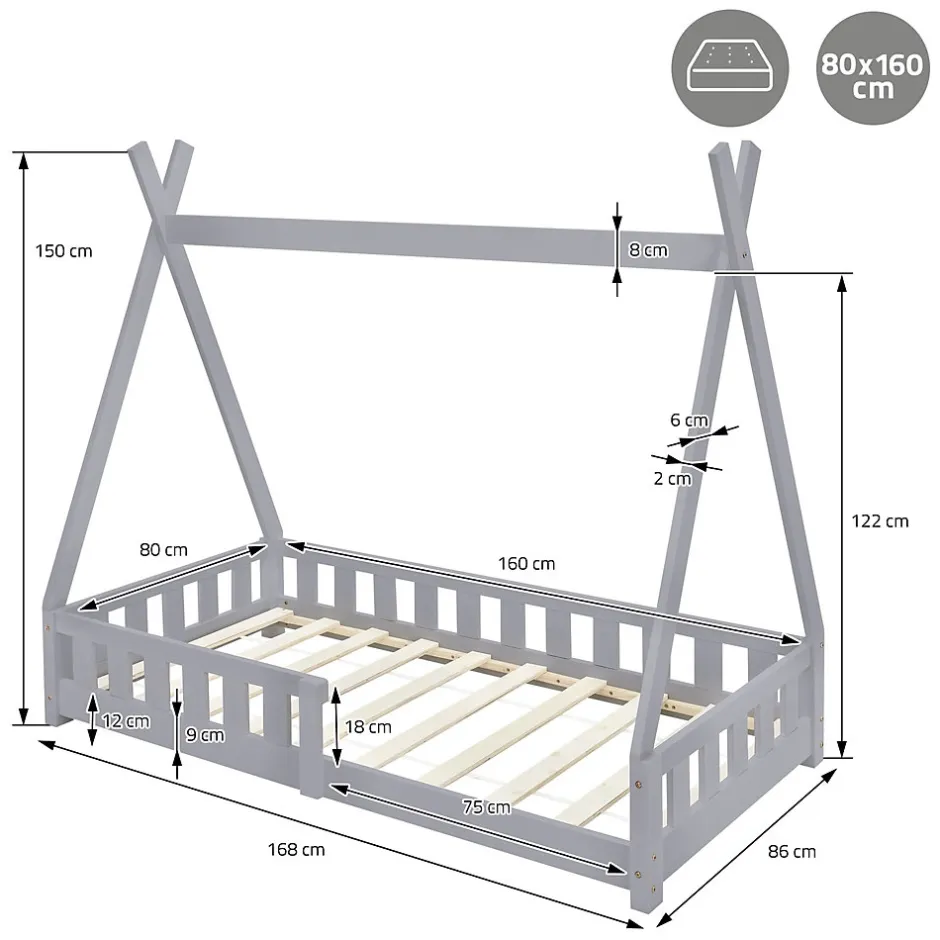 Enfant Ml-Design Lit d'enfants Tipi 80x160 cm gris clair maison en bois de pin avec sommier clôture de jeu