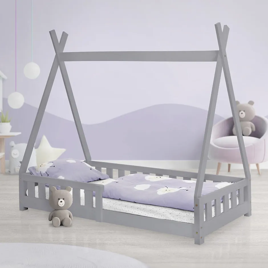 Enfant Ml-Design Lit d'enfants Tipi 80x160 cm gris clair maison en bois de pin avec sommier clôture de jeu
