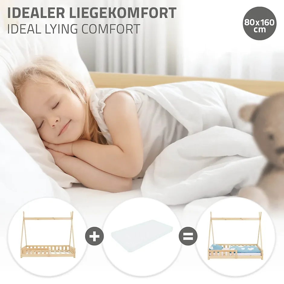 Ml-Design Lit d'enfants Tipi 80x160 cm naturel maison en bois de pin avec sommier clôture de jeu
