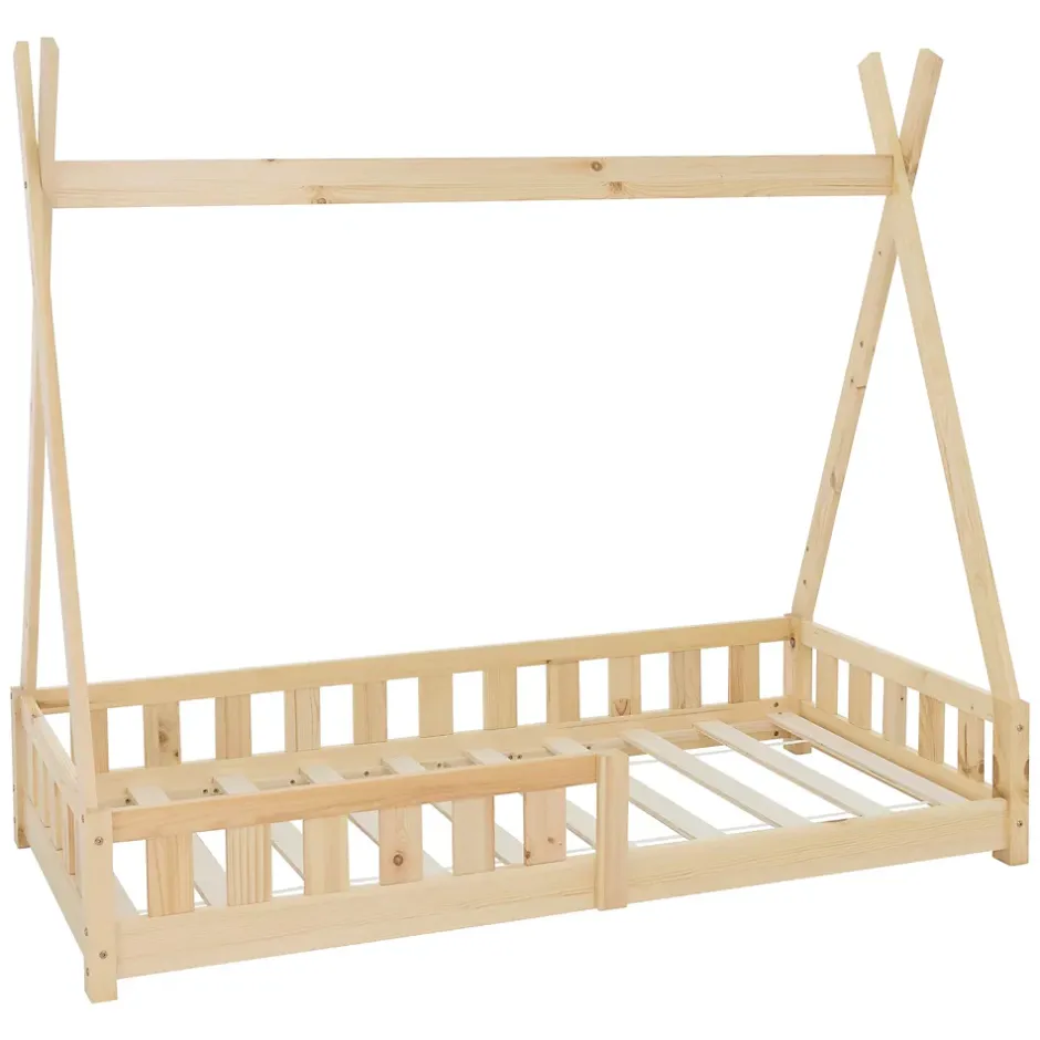 Ml-Design Lit d'enfants Tipi 80x160 cm naturel maison en bois de pin avec sommier clôture de jeu