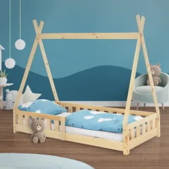 Ml-Design Lit d'enfants Tipi 80x160 cm naturel maison en bois de pin avec sommier clôture de jeu
