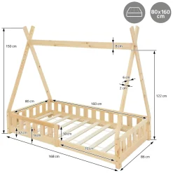 Ml-Design Lit d'enfants Tipi 80x160 cm naturel maison en bois de pin avec sommier clôture de jeu