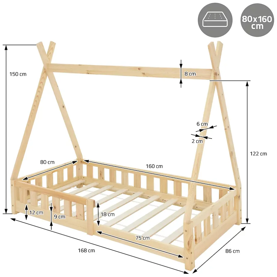 Ml-Design Lit d'enfants Tipi 80x160 cm naturel maison en bois de pin avec sommier clôture de jeu