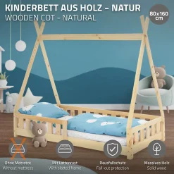 Ml-Design Lit d'enfants Tipi 80x160 cm naturel maison en bois de pin avec sommier clôture de jeu