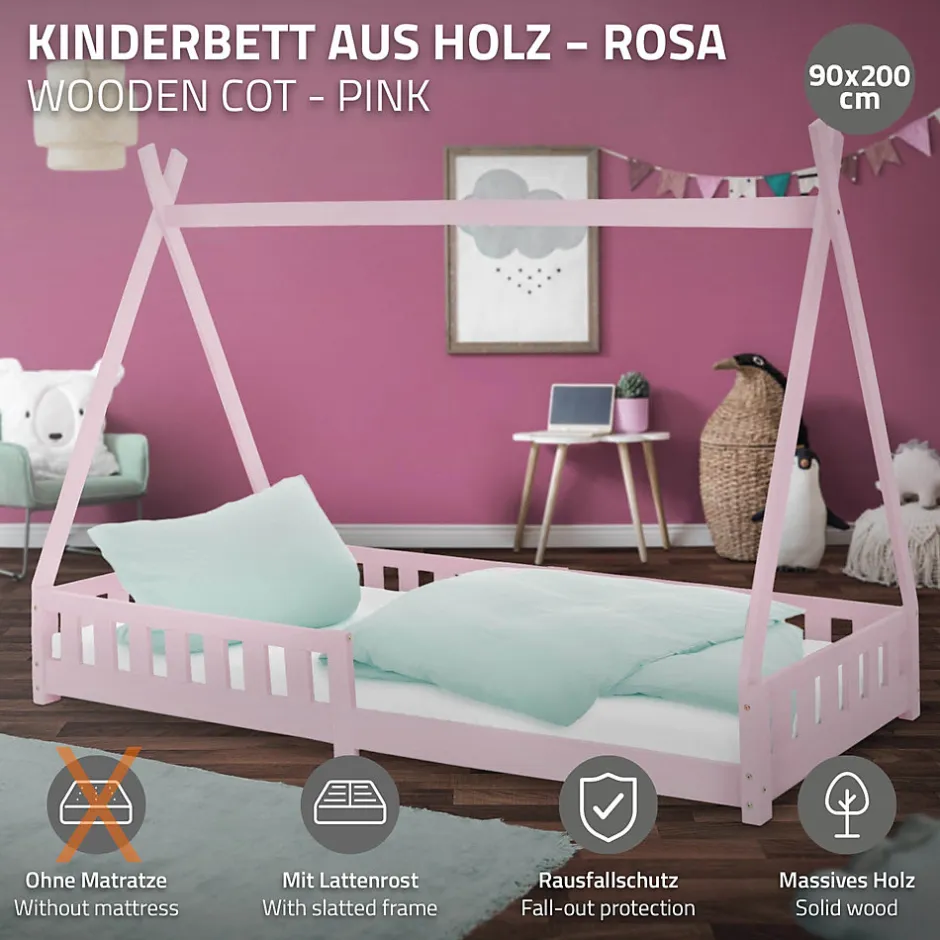Enfant Ml-Design Lit d'enfants Tipi 90x200cm vert menthe indien bois de pin avec sommier et clôture de jeu