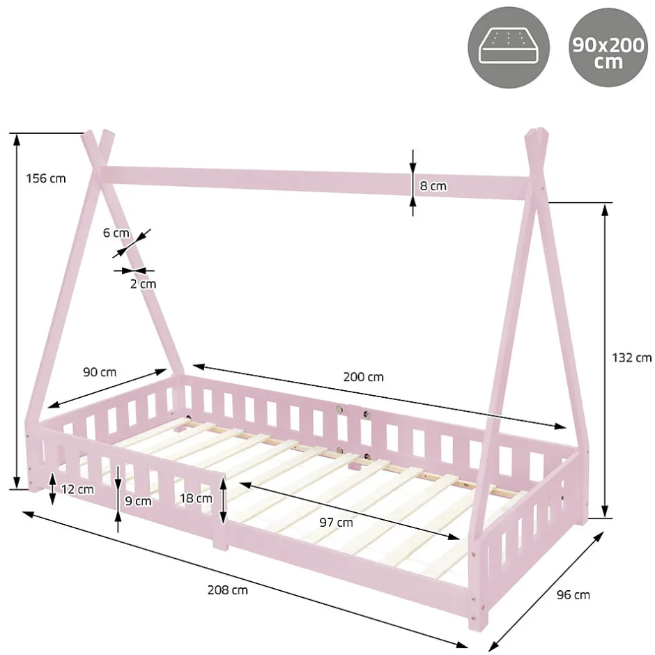 Enfant Ml-Design Lit d'enfants Tipi 90x200cm vert menthe indien bois de pin avec sommier et clôture de jeu