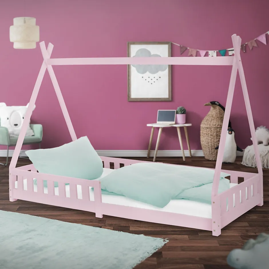 Enfant Ml-Design Lit d'enfants Tipi 90x200cm vert menthe indien bois de pin avec sommier et clôture de jeu