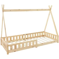 Enfant Ml-Design Lit d'enfants Tipi 90x200 cm naturel indien en bois de pin avec sommier et clôture de jeu