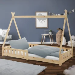 Enfant Ml-Design Lit d'enfants Tipi 90x200 cm naturel indien en bois de pin avec sommier et clôture de jeu