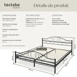 Tectake Lit design moderne avec sommier de Style romantique 180 x 200 cm noir