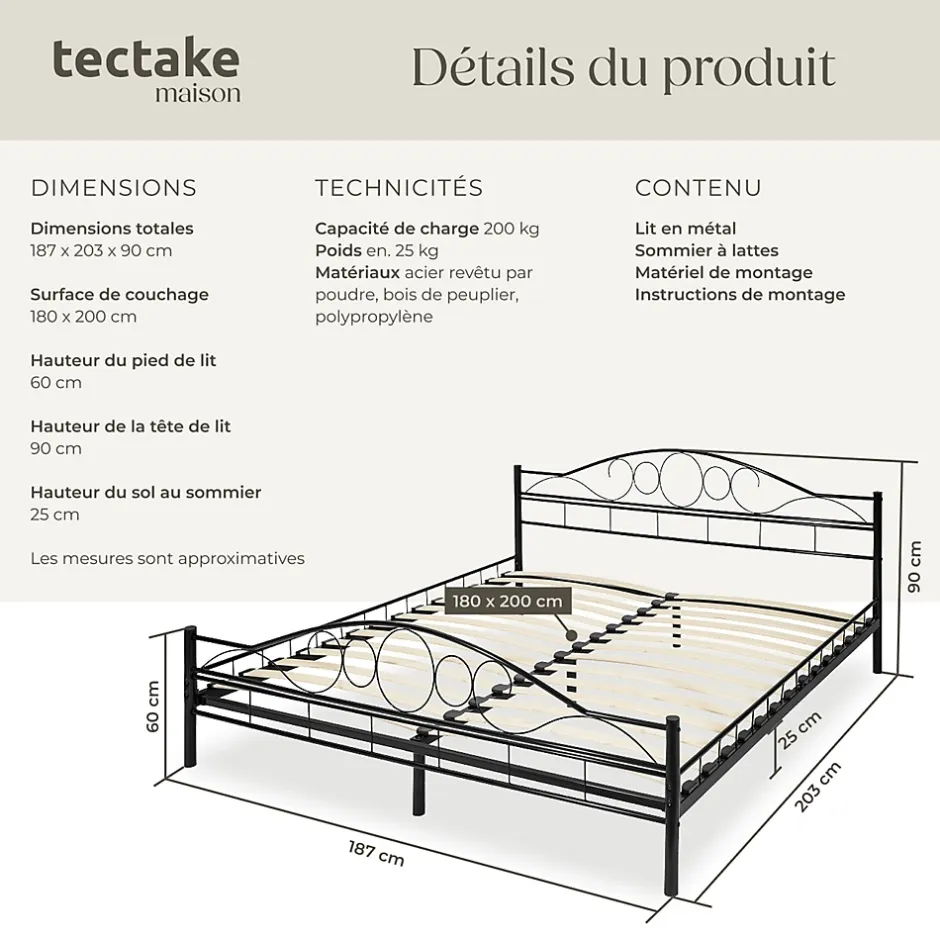 Tectake Lit design moderne avec sommier de Style romantique 180 x 200 cm noir