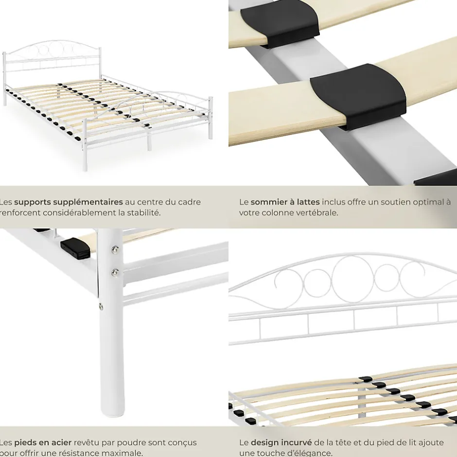 Tectake Lit design moderne avec sommier de Style romantique 140 x 200 cm blanc