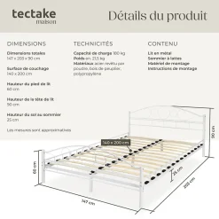 Tectake Lit design moderne avec sommier de Style romantique 140 x 200 cm blanc