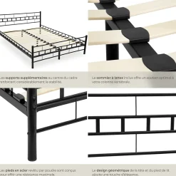 Tectake Lit design moderne en acier avec sommier 140 x 200 cm noir Best