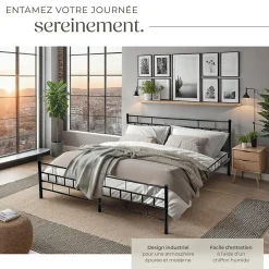 Tectake Lit design moderne en acier avec sommier 140 x 200 cm noir Best