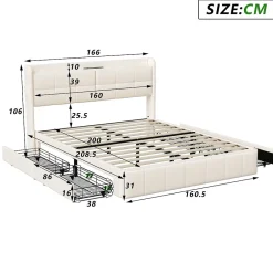 Generique Lit double 160 x 200 avec 4 tiroir,Lit rembourré 160 x 200 avec chargement USB,PU,Beige Sale