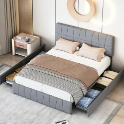Generique lit double 160 x 200 avec 4 tiroirs,lit capitonné avec sommier à lattes en bois,Tissu velours doux pour la peau,Gris