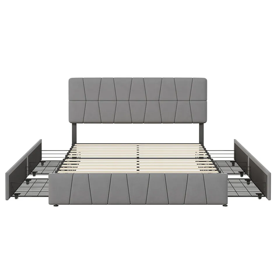 Generique lit double 160 x 200 avec 4 tiroirs,lit capitonné avec sommier à lattes en bois,Tissu velours doux pour la peau,Gris
