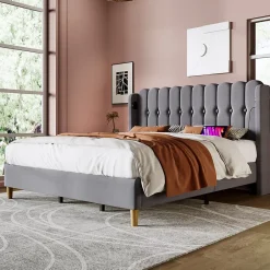 Generique Lit Double 180 x 200 Cm - Lit Adult avec Chargement USB Type-C - Lin, MDF, Métal - Sans Matelas - Gris New