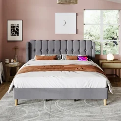 Generique Lit Double 180 x 200 Cm - Lit Adult avec Chargement USB Type-C - Lin, MDF, Métal - Sans Matelas - Gris New