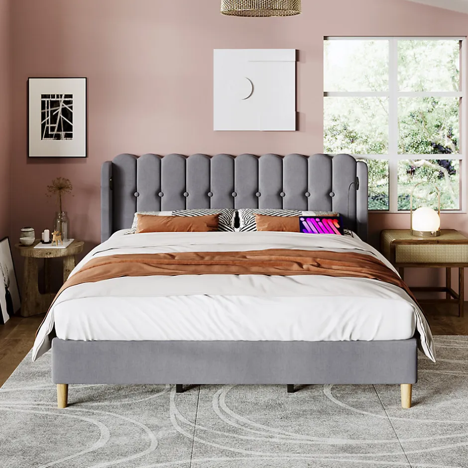 Generique Lit Double 180 x 200 Cm - Lit Adult avec Chargement USB Type-C - Lin, MDF, Métal - Sans Matelas - Gris New
