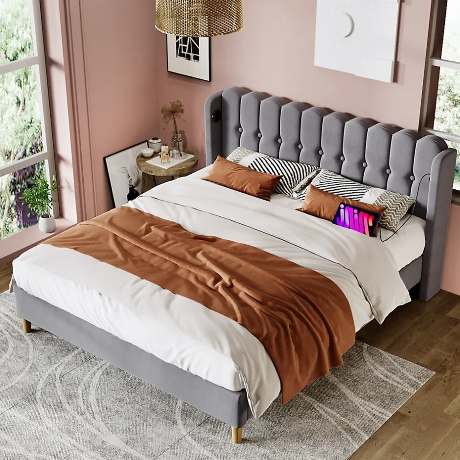 Generique Lit Double 180 x 200 Cm - Lit Adult avec Chargement USB Type-C - Lin, MDF, Métal - Sans Matelas - Gris New