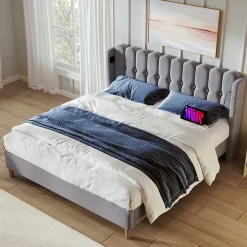 Generique Lit Double 180 x 200 Cm - Lit Adult avec Chargement USB Type-C - Lin, MDF, Métal - Sans Matelas - Gris New