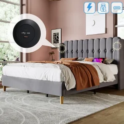 Generique Lit Double 180 x 200 Cm - Lit Adult avec Chargement USB Type-C - Lin, MDF, Métal - Sans Matelas - Gris New