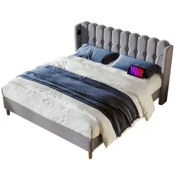 Generique Lit Double 180 x 200 Cm - Lit Adult avec Chargement USB Type-C - Lin, MDF, Métal - Sans Matelas - Gris New