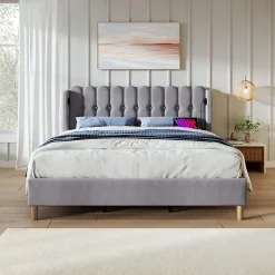 Okwish Lit Double 140 x 200 Cm - Lit Adult avec Chargement USB Type-C - Lin, MDF, Métal - Sans Matelas - Gris Clearance