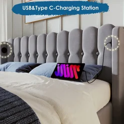 Okwish Lit Double 140 x 200 Cm - Lit Adult avec Chargement USB Type-C - Lin, MDF, Métal - Sans Matelas - Gris Clearance